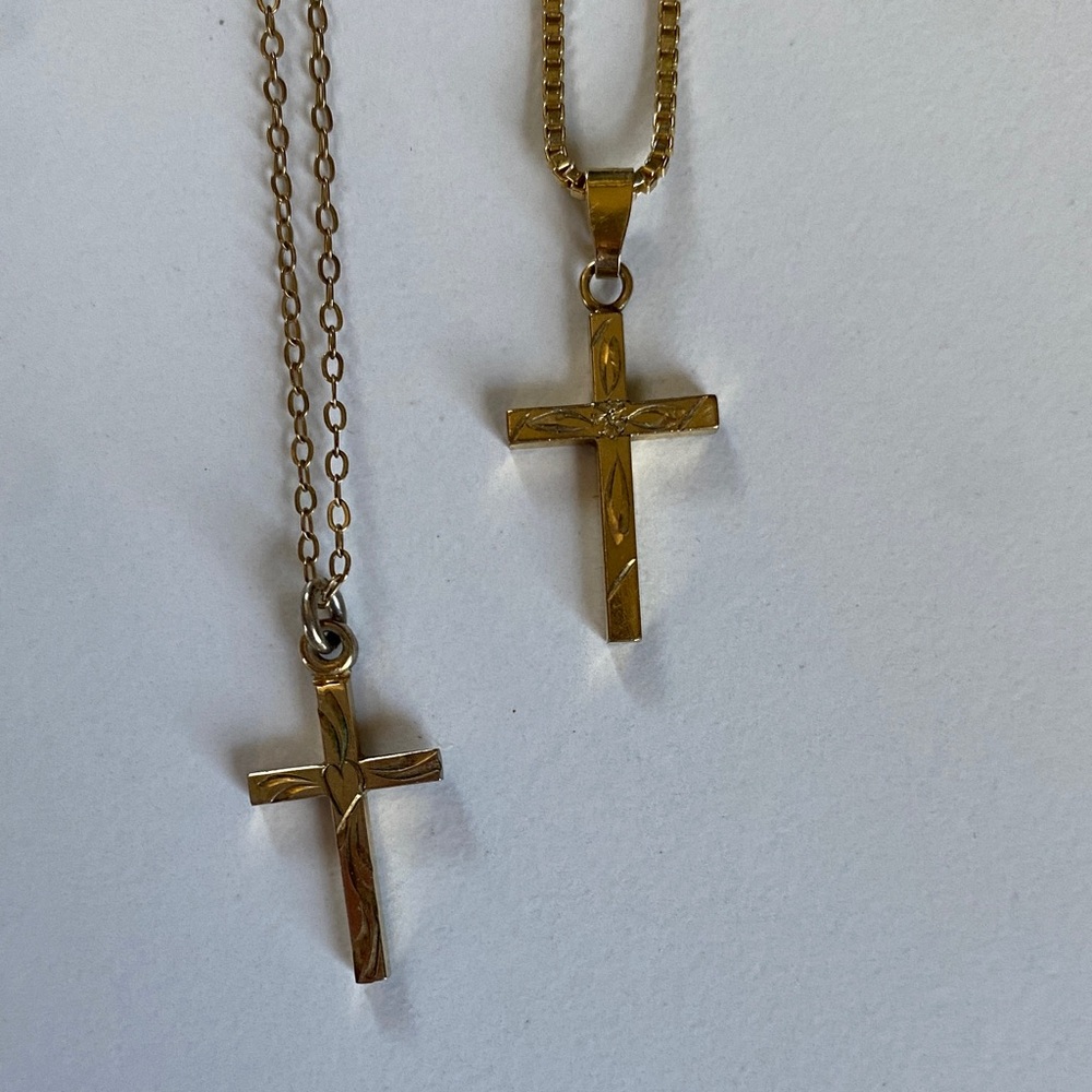 2 Vintage Gold Filled Cross Pendant Necklaces